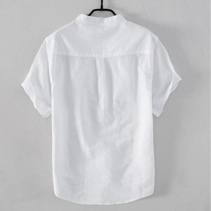 Buddha Stones Soft Stickerei Kranichmuster Stehkragen Baumwolle Leinen Halbknopf Herrenhemd - image 2