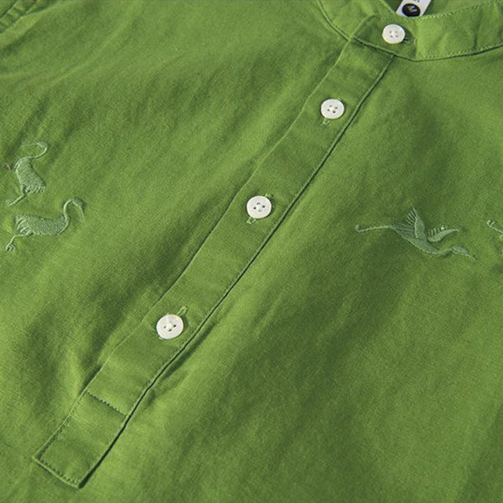 Buddha Stones Soft Stickerei Kranichmuster Stehkragen Baumwolle Leinen Halbknopf Herrenhemd - image 12