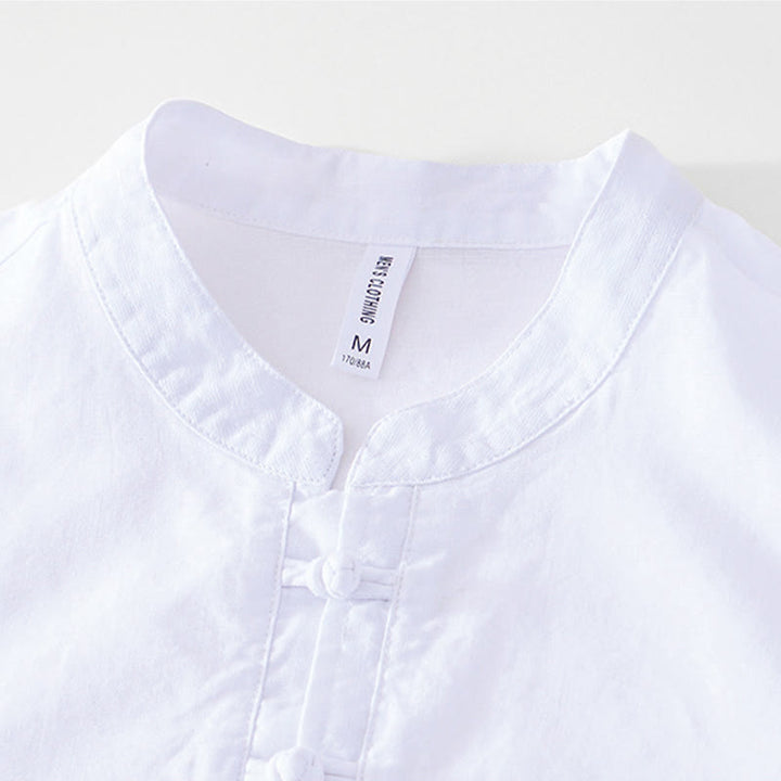 Buddha Stones Weiches, schlichtes Herrenhemd mit Froschknopf und Rundhalsausschnitt aus Baumwolle und Leinen mit halben Knöpfen - image 16