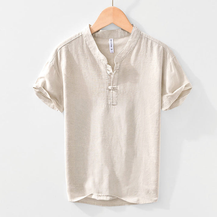 Buddha Stones Weiches, schlichtes Herrenhemd mit Froschknopf und Rundhalsausschnitt aus Baumwolle und Leinen mit halben Knöpfen - Beige - US/ UK/AU42, EU52 (3XL) - image 0