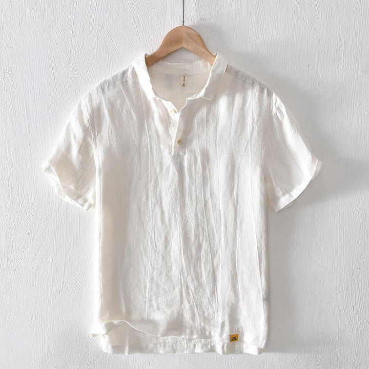 Buddha Stones Herrenhemd aus Leinen mit kurzem Revers und halben Knöpfen, schlichtes Design - Weiß - US/ UK/AU42, EU52 (3XL) - image 4