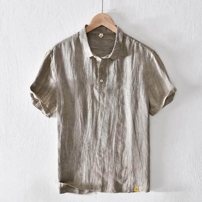Buddha Stones Herrenhemd aus Leinen mit kurzem Revers und halben Knöpfen, schlichtes Design - Dunkelkhaki - US/ UK/AU42, EU52 (3XL) - image 0