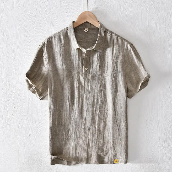 Buddha Stones Herrenhemd aus Leinen mit kurzem Revers und halben Knöpfen, schlichtes Design - Dunkelkhaki - US/ UK/AU42, EU52 (3XL) - image 0
