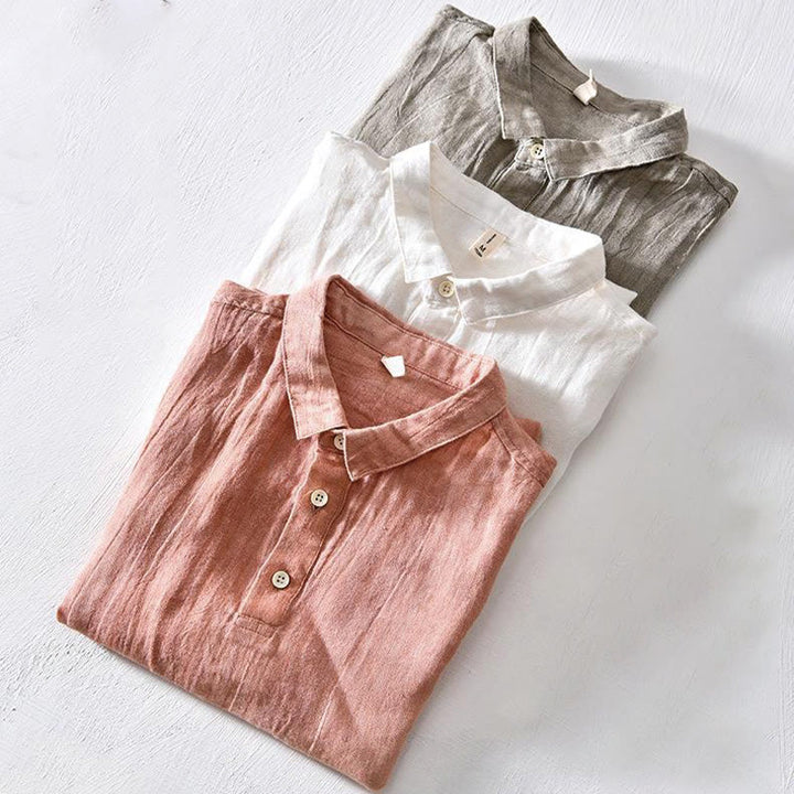 Buddha Stones Herrenhemd aus Leinen mit kurzem Revers und halben Knöpfen, schlichtes Design - image 16