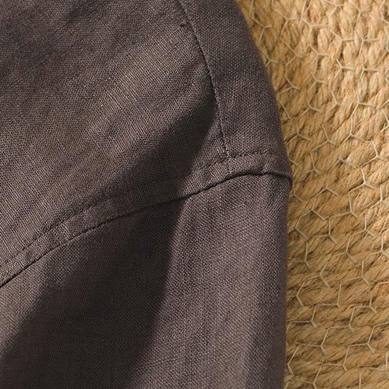 Buddha Stones Lässiges, schlichtes Herrenhemd aus Leinen mit V-Ausschnitt und kurzen Ärmeln - image 8