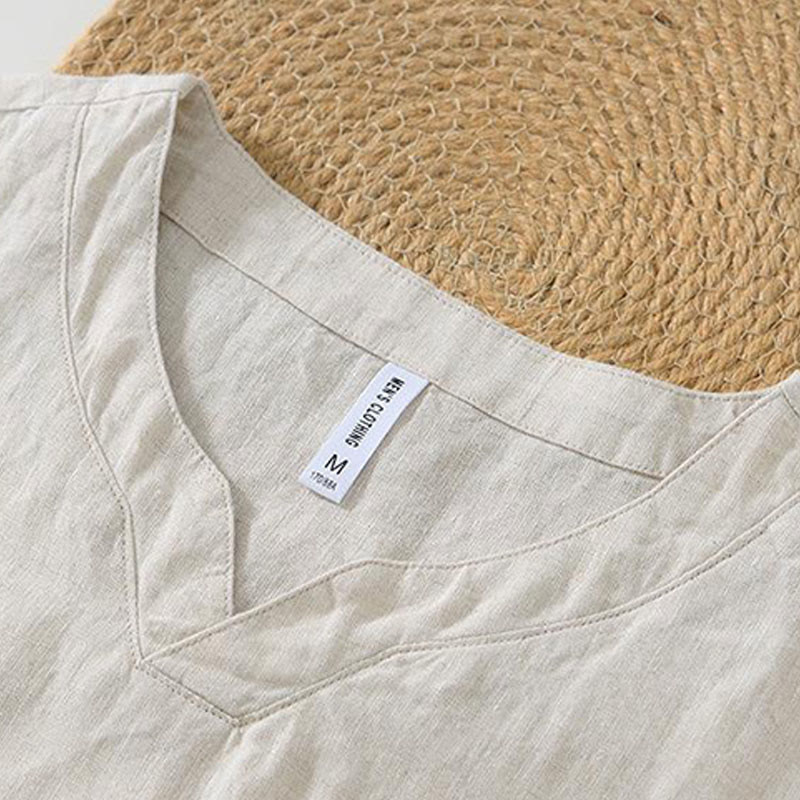 Buddha Stones Lässiges, schlichtes Herrenhemd aus Leinen mit V-Ausschnitt und kurzen Ärmeln - image 1