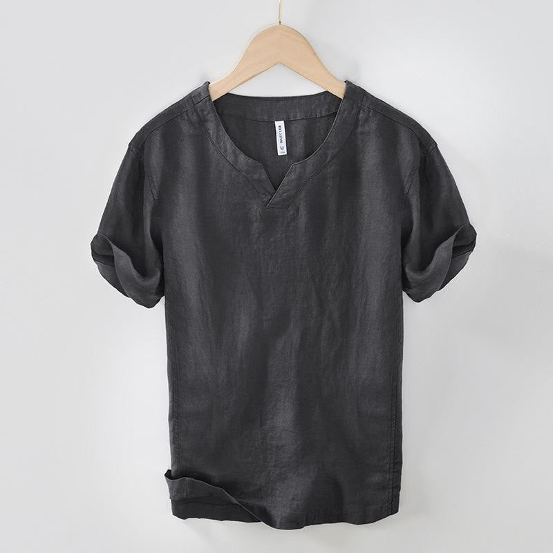 Buddha Stones Lässiges, schlichtes Herrenhemd aus Leinen mit V-Ausschnitt und kurzen Ärmeln - DimGray - US/UK/AU42, EU52 (3XL) - image 16