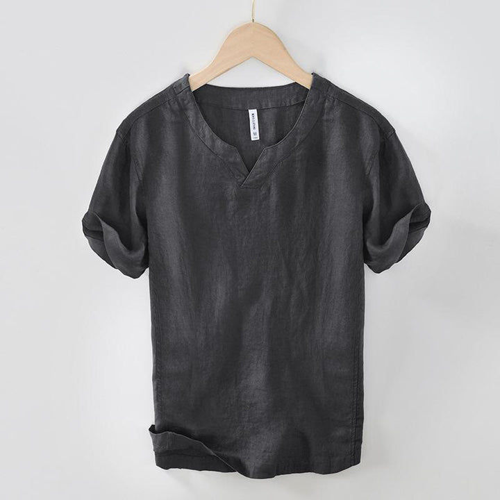 Buddha Stones Lässiges, schlichtes Herrenhemd aus Leinen mit V-Ausschnitt und kurzen Ärmeln - DimGray - US/UK/AU42, EU52 (3XL) - image 16