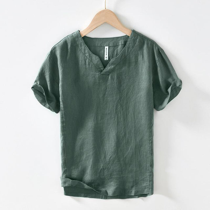 Buddha Stones Lässiges, schlichtes Herrenhemd aus Leinen mit V-Ausschnitt und kurzen Ärmeln - SeaGreen - US/UK/AU42, EU52 (3XL) - image 11