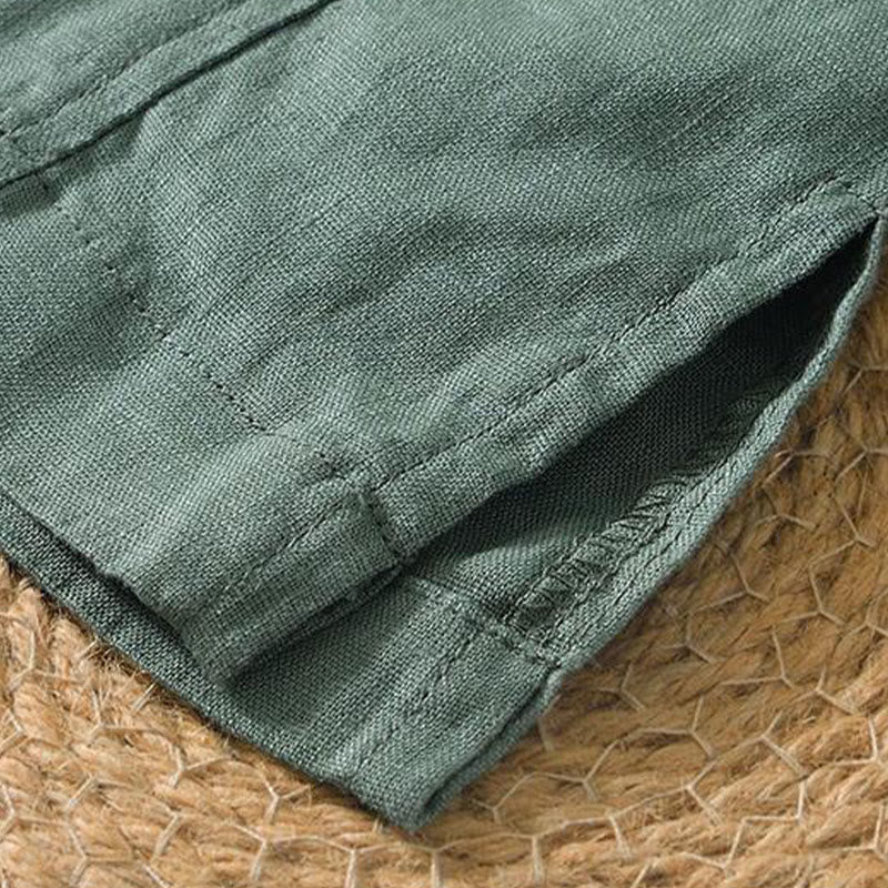 Buddha Stones Lässiges, schlichtes Herrenhemd aus Leinen mit V-Ausschnitt und kurzen Ärmeln - image 15