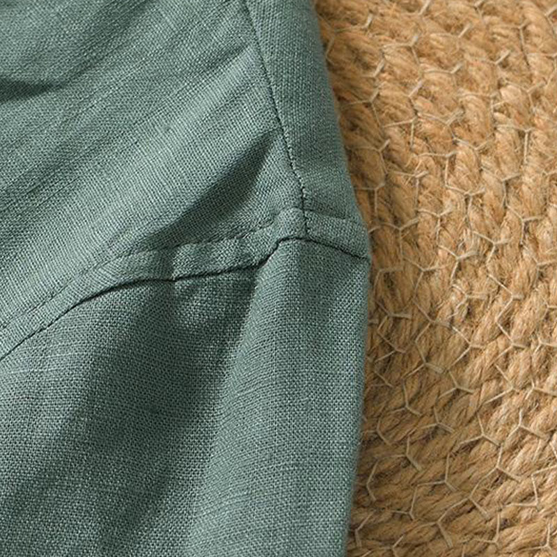 Buddha Stones Lässiges, schlichtes Herrenhemd aus Leinen mit V-Ausschnitt und kurzen Ärmeln - image 13