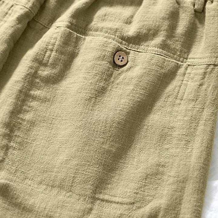 Buddha Stones Vielseitige, lässige Herrenhose aus Baumwollleinen mit Kordelzug in der Länge 7–8 mit Taschen