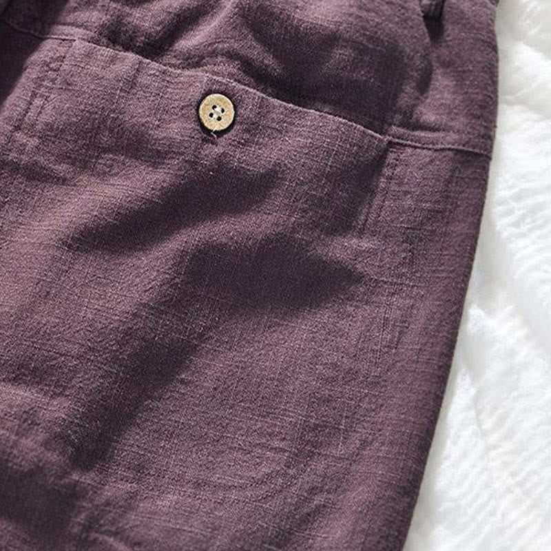 Buddha Stones Vielseitige, lässige Herrenhose aus Baumwollleinen mit Kordelzug in der Länge 7–8 mit Taschen