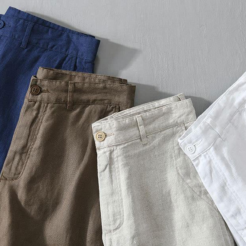 Buddha Stones Einfarbige Leinen-Shorts mit Kordelzug und Taschen für Herren