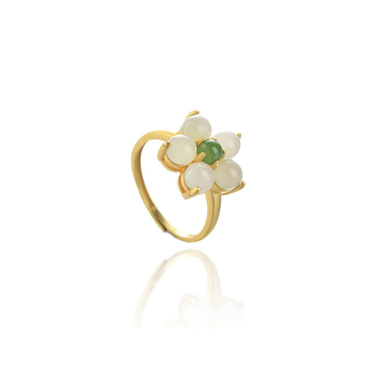 Buddha Stones 925 Sterling Silber Natürlicher Hetian Jade Pfirsichblüte Blume Glück Verstellbarer Ring