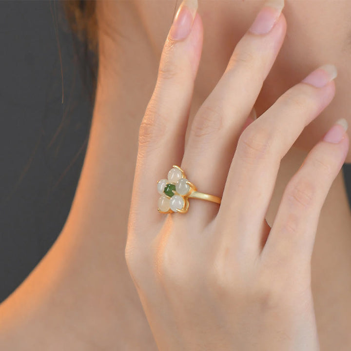 Buddha Stones 925 Sterling Silber Natürlicher Hetian Jade Pfirsichblüte Blume Glück Verstellbarer Ring
