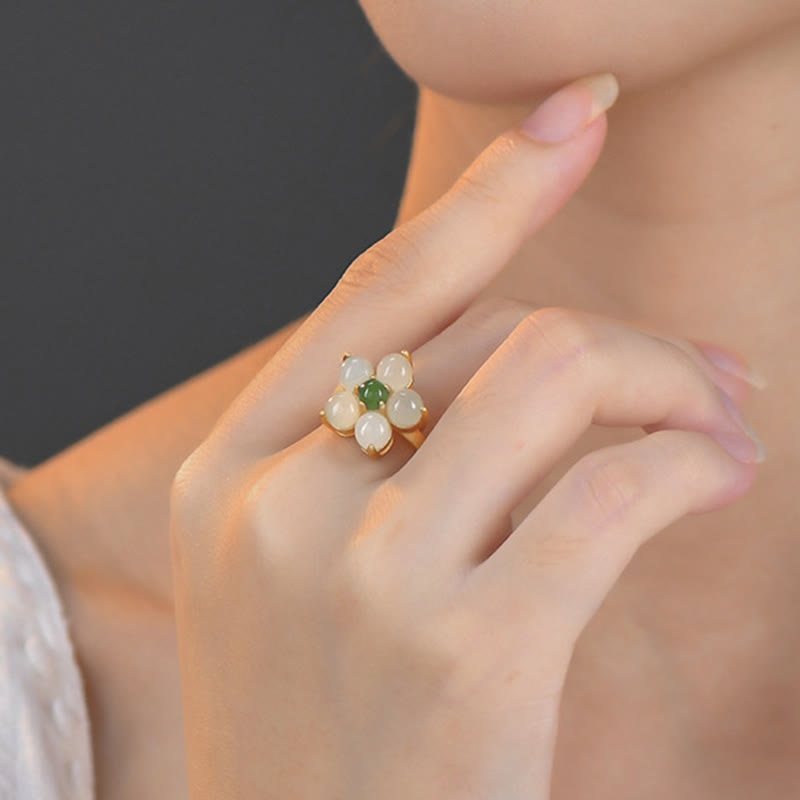 Buddha Stones 925 Sterling Silber Natürlicher Hetian Jade Pfirsichblüte Blume Glück Verstellbarer Ring
