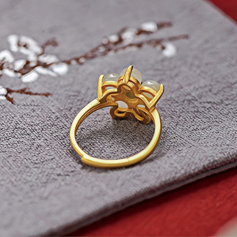 Buddha Stones 925 Sterling Silber Natürlicher Hetian Jade Pfirsichblüte Blume Glück Verstellbarer Ring