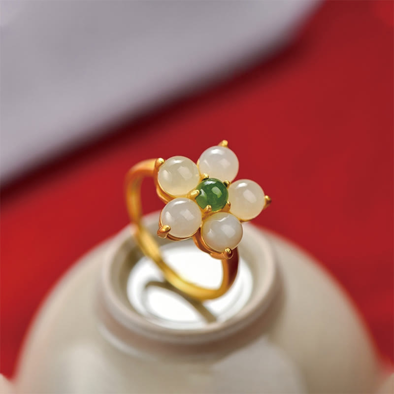 Buddha Stones 925 Sterling Silber Natürlicher Hetian Jade Pfirsichblüte Blume Glück Verstellbarer Ring