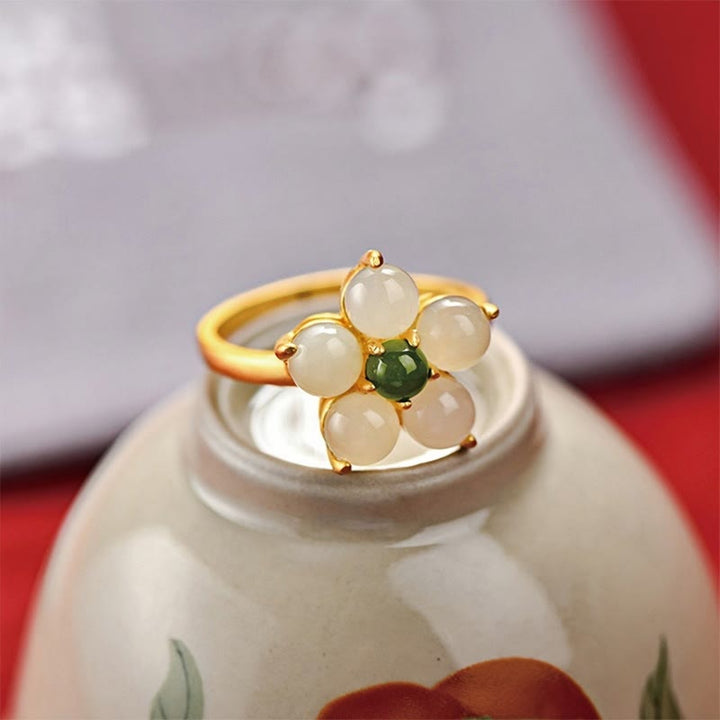 Buddha Stones 925 Sterling Silber Natürlicher Hetian Jade Pfirsichblüte Blume Glück Verstellbarer Ring