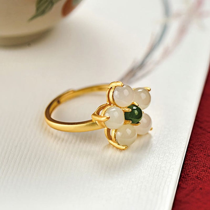 Buddha Stones 925 Sterling Silber Natürlicher Hetian Jade Pfirsichblüte Blume Glück Verstellbarer Ring
