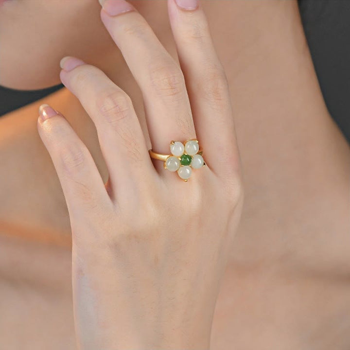 Buddha Stones 925 Sterling Silber Natürlicher Hetian Jade Pfirsichblüte Blume Glück Verstellbarer Ring