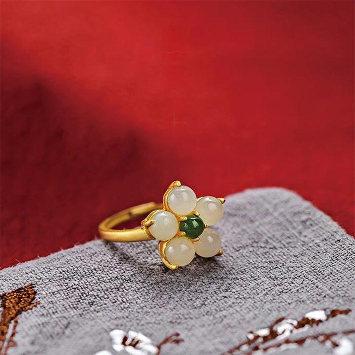 Buddha Stones 925 Sterling Silber Natürlicher Hetian Jade Pfirsichblüte Blume Glück Verstellbarer Ring