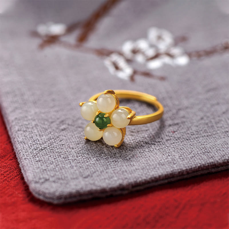 Buddha Stones 925 Sterling Silber Natürlicher Hetian Jade Pfirsichblüte Blume Glück Verstellbarer Ring