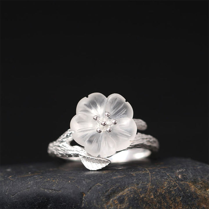 Buddha Stones 925 Sterling Silber Weißer Kristall Skelett Blume Verstellbarer Heilring
