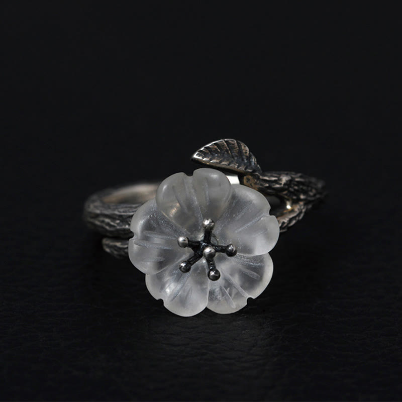 Buddha Stones 925 Sterling Silber Weißer Kristall Skelett Blume Verstellbarer Heilring