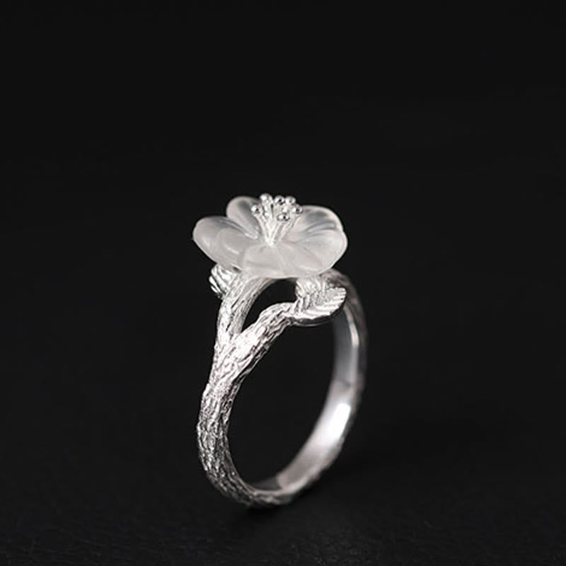 Buddha Stones 925 Sterling Silber Weißer Kristall Skelett Blume Verstellbarer Heilring