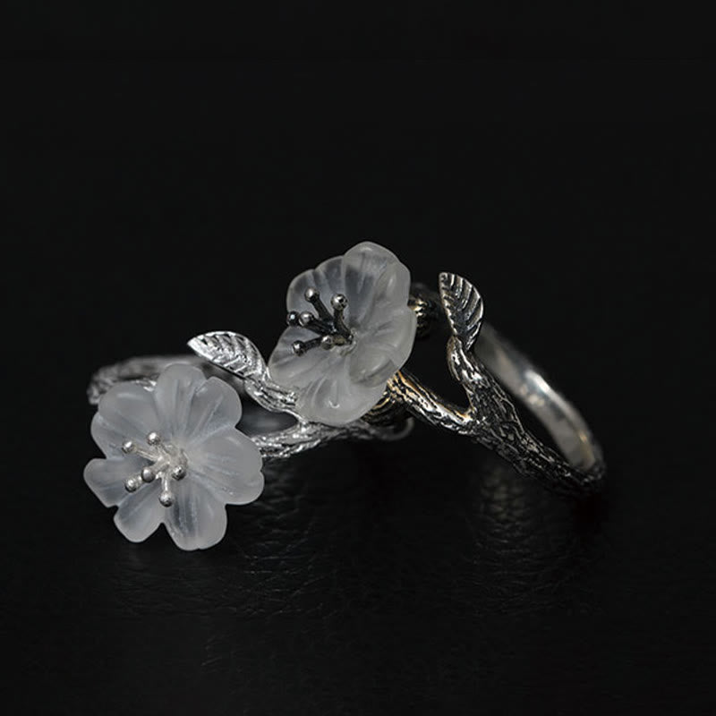 Buddha Stones 925 Sterling Silber Weißer Kristall Skelett Blume Verstellbarer Heilring