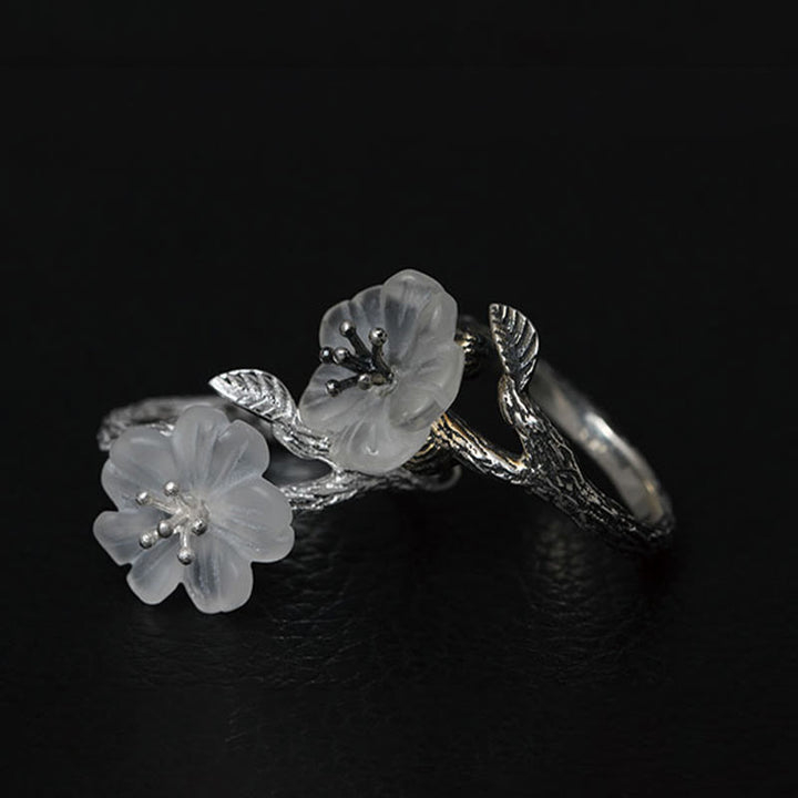 Buddha Stones 925 Sterling Silber Weißer Kristall Skelett Blume Verstellbarer Heilring