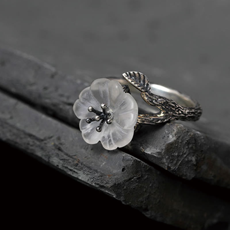 Buddha Stones 925 Sterling Silber Weißer Kristall Skelett Blume Verstellbarer Heilring