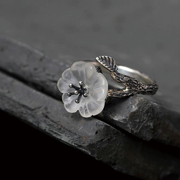 Buddha Stones 925 Sterling Silber Weißer Kristall Skelett Blume Verstellbarer Heilring