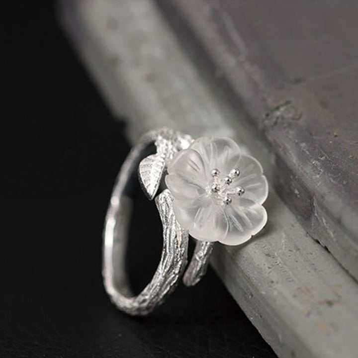 Buddha Stones 925 Sterling Silber Weißer Kristall Skelett Blume Verstellbarer Heilring