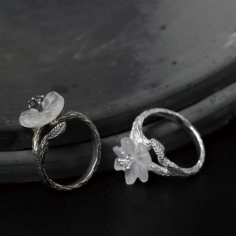 Buddha Stones 925 Sterling Silber Weißer Kristall Skelett Blume Verstellbarer Heilring