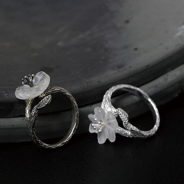 Buddha Stones 925 Sterling Silber Weißer Kristall Skelett Blume Verstellbarer Heilring