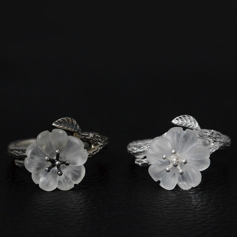 Buddha Stones 925 Sterling Silber Weißer Kristall Skelett Blume Verstellbarer Heilring