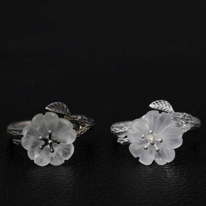 Buddha Stones 925 Sterling Silber Weißer Kristall Skelett Blume Verstellbarer Heilring