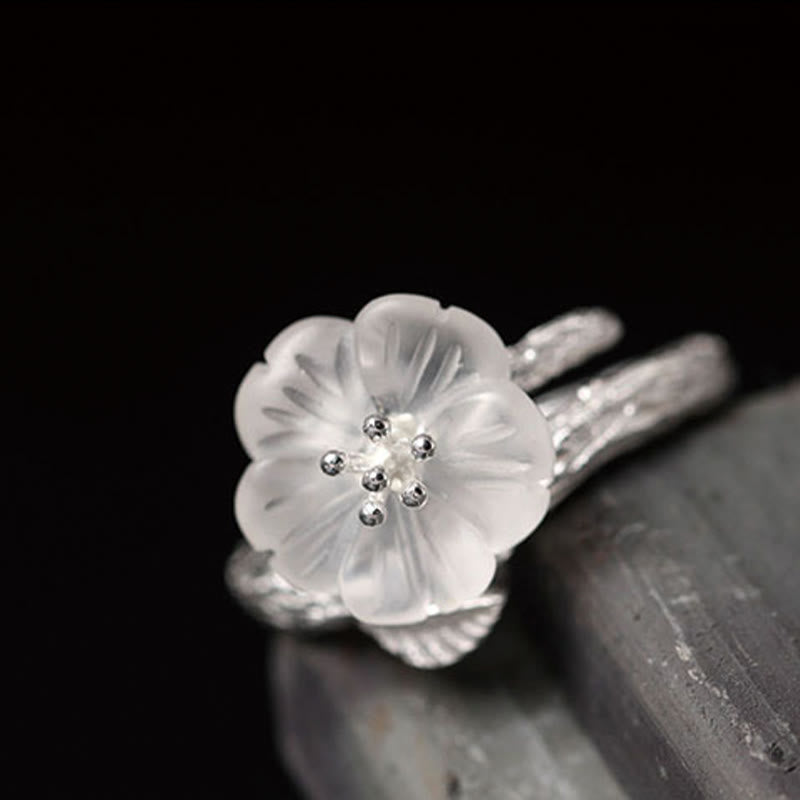 Buddha Stones 925 Sterling Silber Weißer Kristall Skelett Blume Verstellbarer Heilring