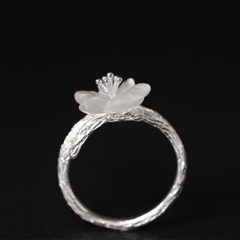 Buddha Stones 925 Sterling Silber Weißer Kristall Skelett Blume Verstellbarer Heilring