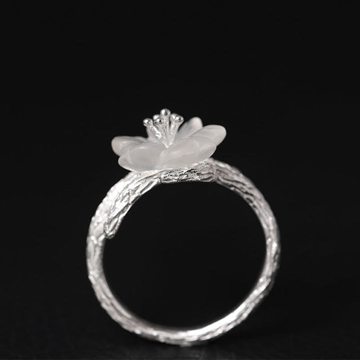 Buddha Stones 925 Sterling Silber Weißer Kristall Skelett Blume Verstellbarer Heilring