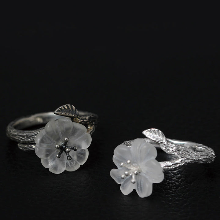 Buddha Stones 925 Sterling Silber Weißer Kristall Skelett Blume Verstellbarer Heilring