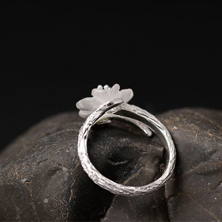 Buddha Stones 925 Sterling Silber Weißer Kristall Skelett Blume Verstellbarer Heilring