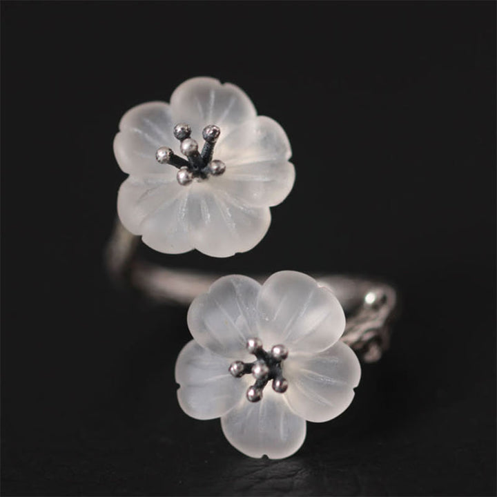 Buddha Stones 925 Sterling Silber Weißer Kristall Doppelte Pflaumenblüte Verstellbarer Schutzring