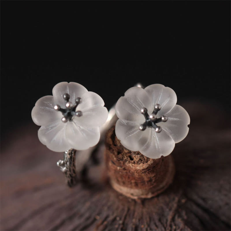 Buddha Stones 925 Sterling Silber Weißer Kristall Doppelte Pflaumenblüte Verstellbarer Schutzring