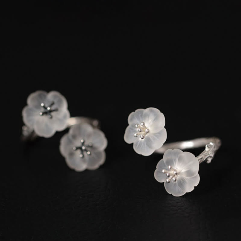 Buddha Stones 925 Sterling Silber Weißer Kristall Doppelte Pflaumenblüte Verstellbarer Schutzring