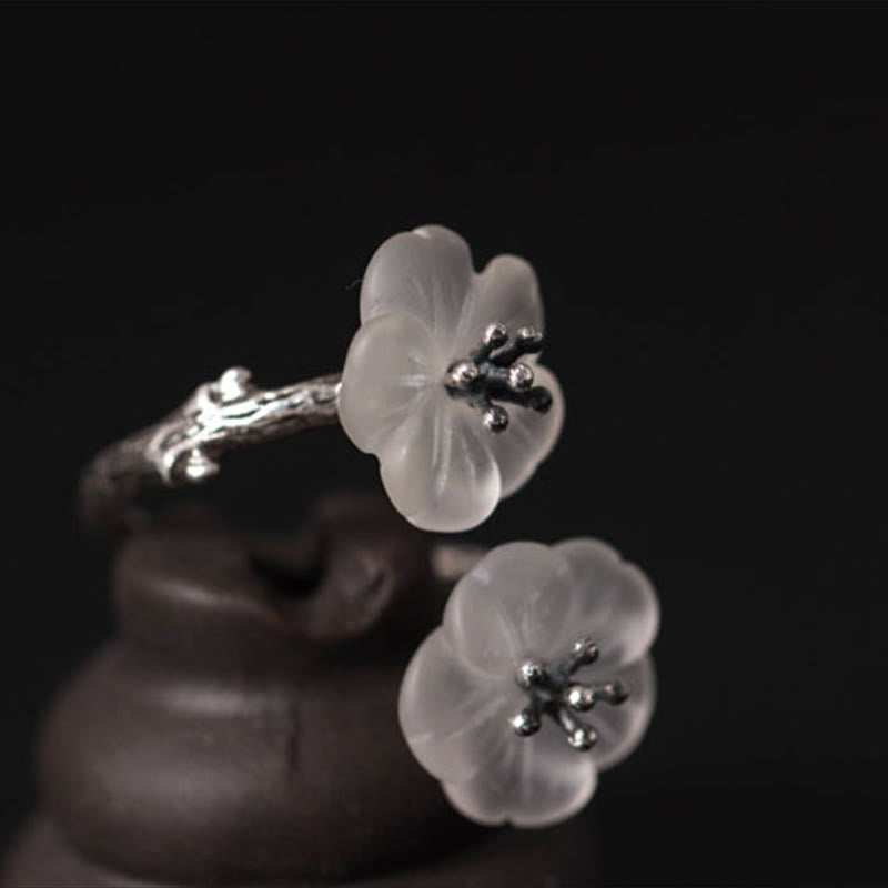 Buddha Stones 925 Sterling Silber Weißer Kristall Doppelte Pflaumenblüte Verstellbarer Schutzring