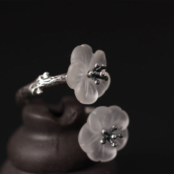 Buddha Stones 925 Sterling Silber Weißer Kristall Doppelte Pflaumenblüte Verstellbarer Schutzring